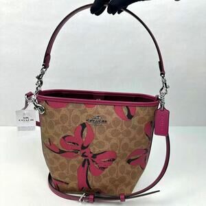 Coach City Bucket Bag Signature Canvas With Bow Print Silver/Tan/Pink CY651 NWT